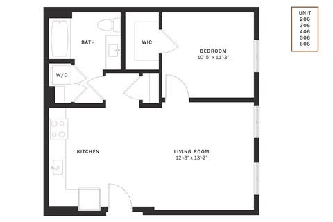 Floor plan for 1 bed, 1 bath, 672 sqft